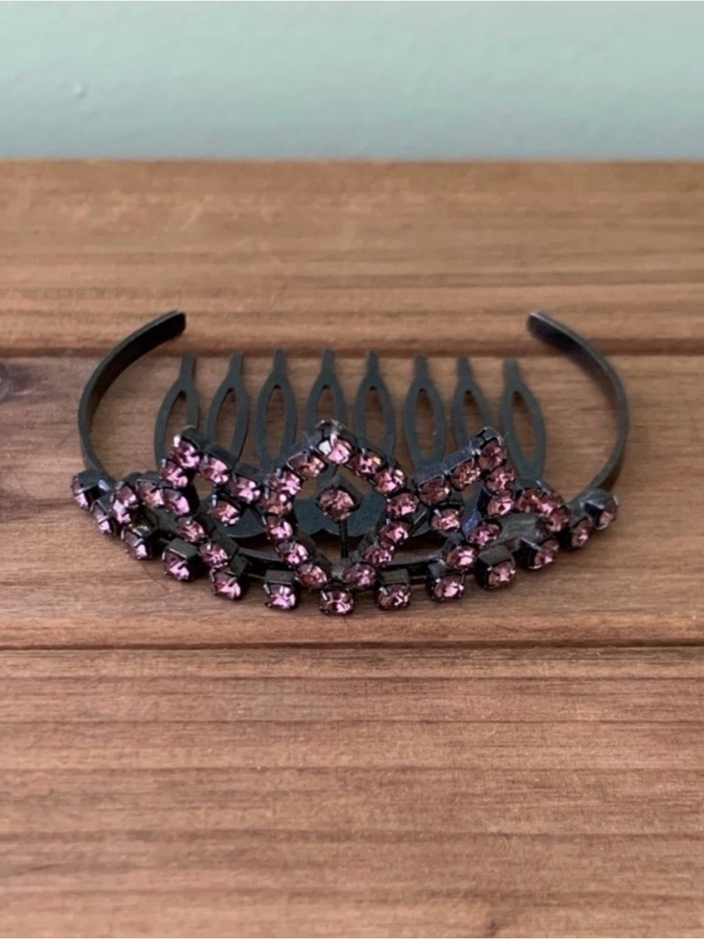 Black Hair Comb Tiara with Pink Rhinestones